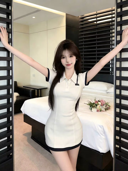 💕現貨秒出🍓ins風質感polo領短袖包臀收腰連衣裙