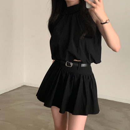 💕現貨秒出🍓韓系chic時尚背心高腰翻領兩件套