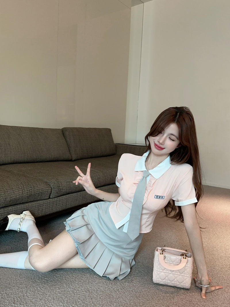 學院風淺粉JK制服套裝兩件套(含領帶)