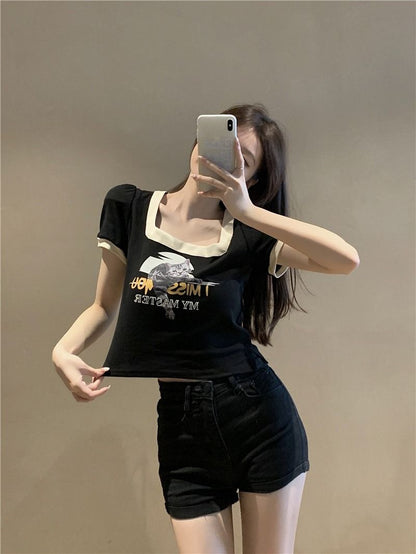 美式胸前印花虎斑貓正肩短版上衣