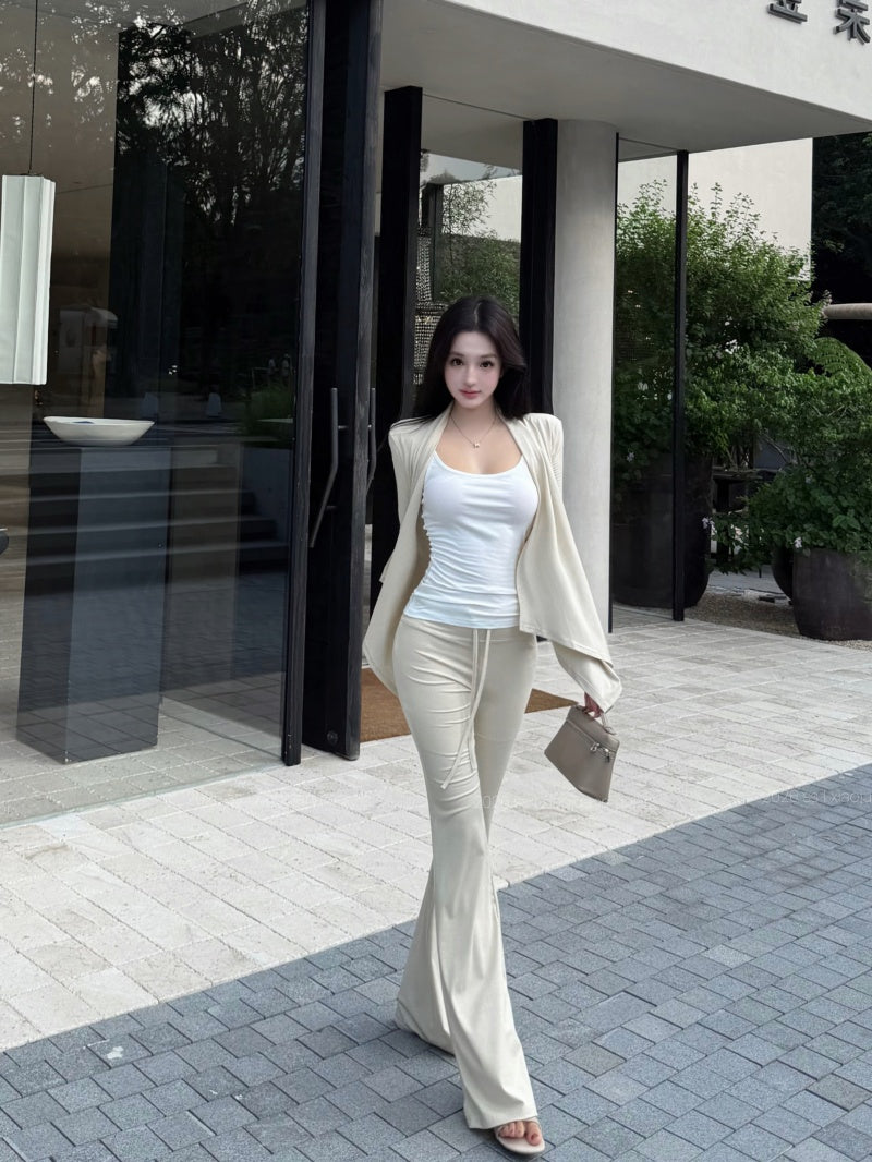 慵懶美背吊帶高腰抽繩微喇叭針織三件套