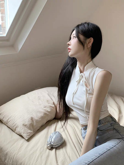 無袖緊身甜酷系帶上衣