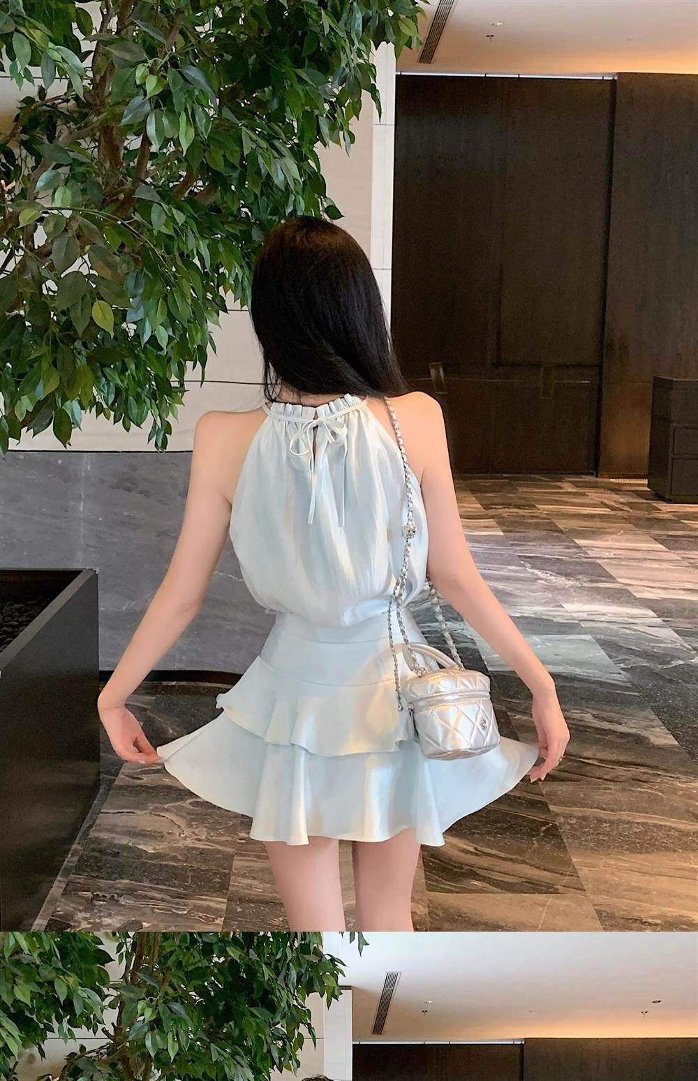 蝴蝶結掛脖背心蛋糕裙兩件套