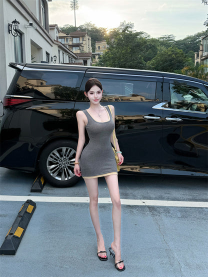 韓系吊帶假兩件修身包臀短裙