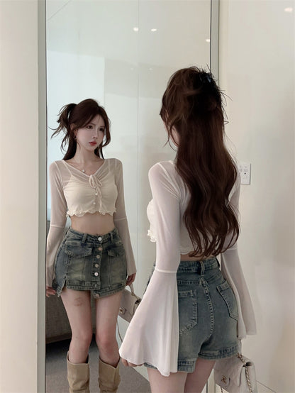 甜美蕾絲拼接喇叭袖背心兩件套💕
