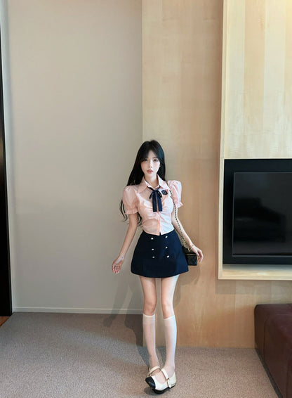 韓系jk學院風襯衫高腰短裙兩件套