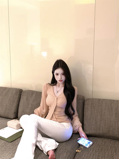 溫柔純御氛圍感修身褶皺V領彈性上衣