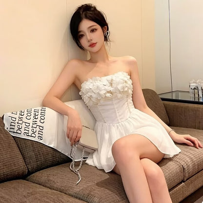 法式立體花朵抹胸小短裙