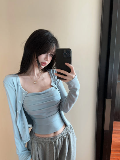 春夏褶皺吊帶背心+薄外套兩件組