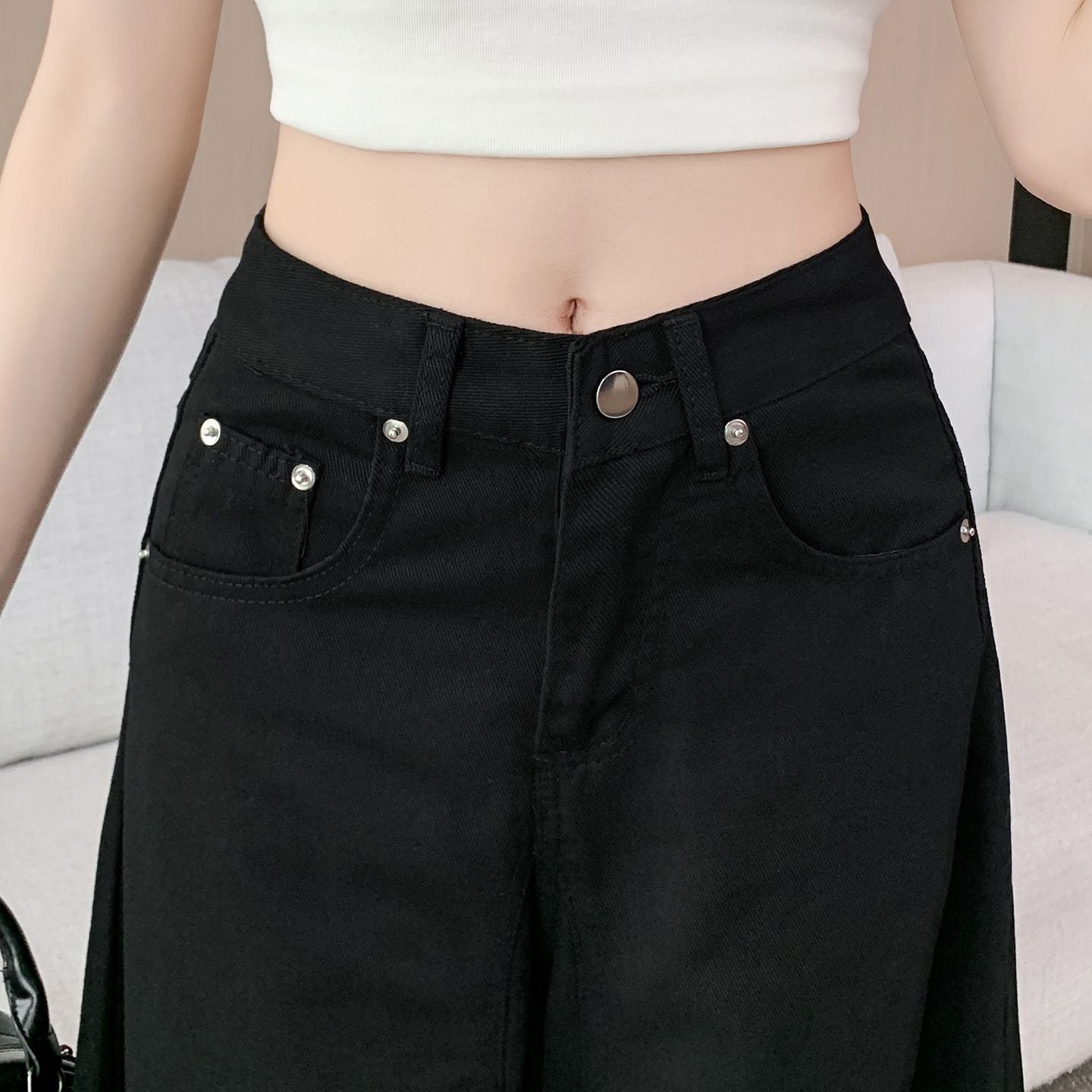 美式辣妹黑色垂感牛仔寬鬆長褲