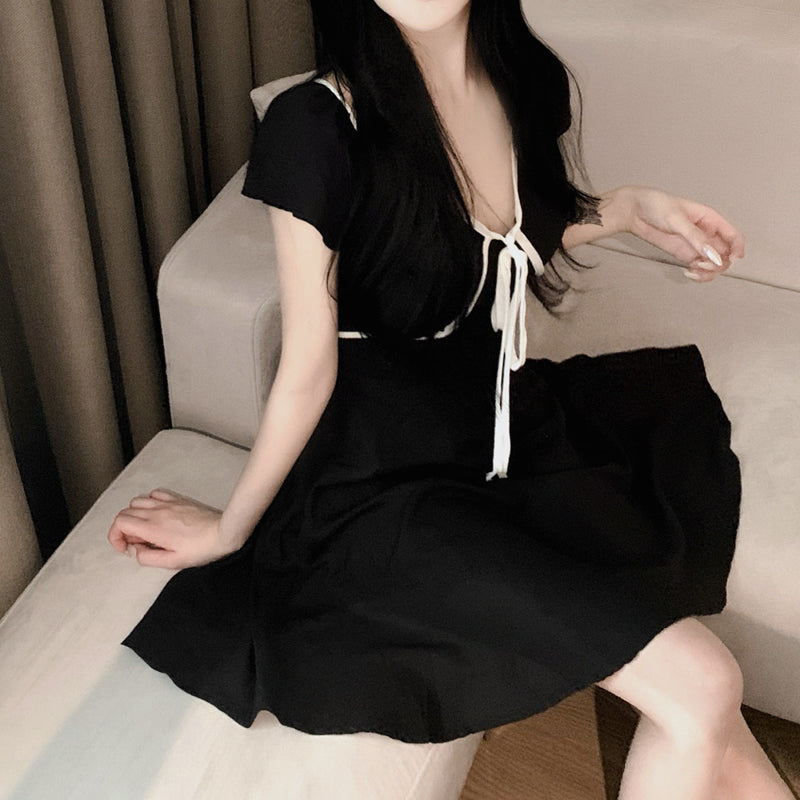 撞色V領系帶收腰小洋裝