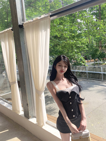 撞色條紋修身包臀兩件套