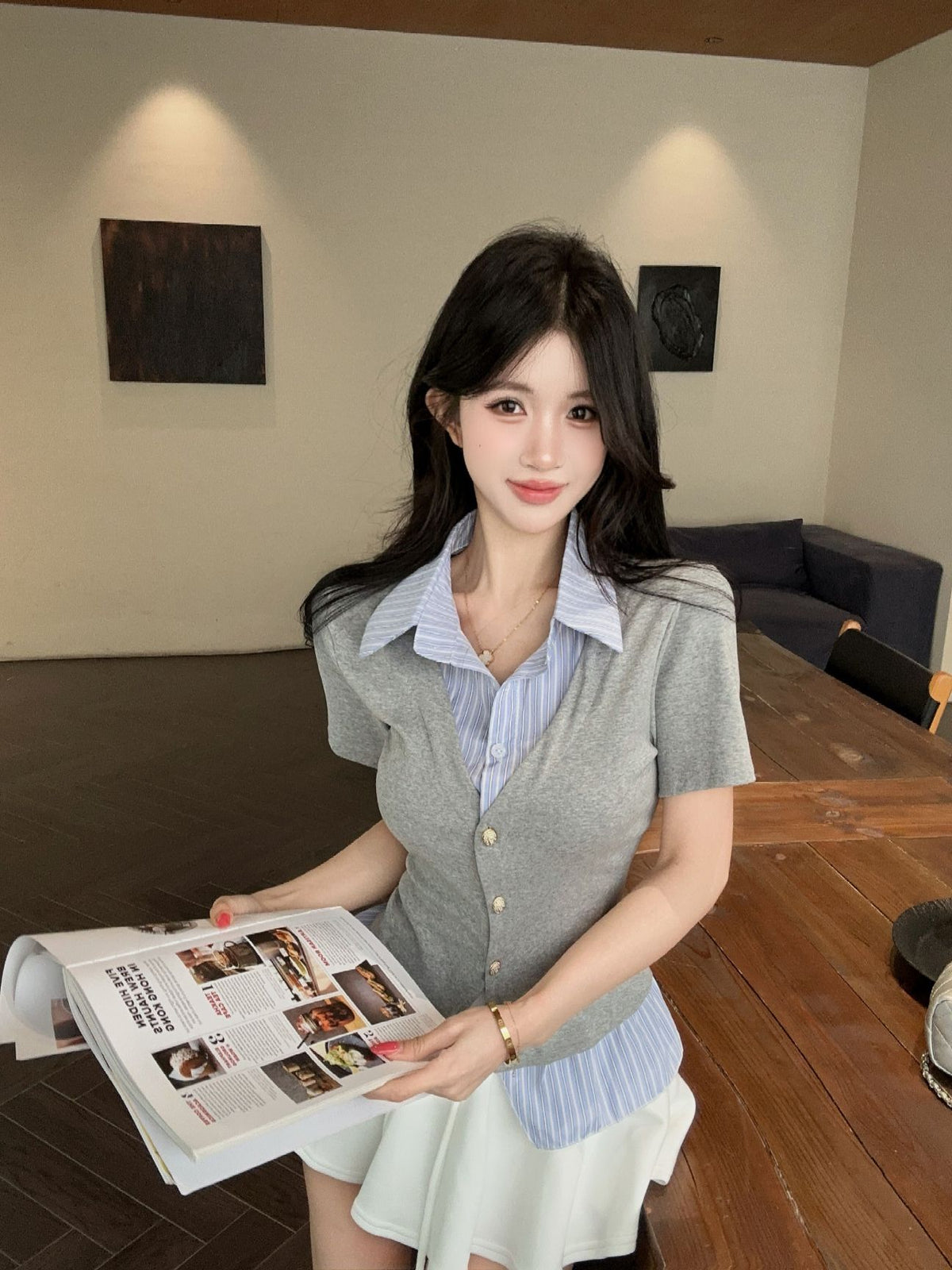 韓系假兩件拼接短袖襯衫上衣