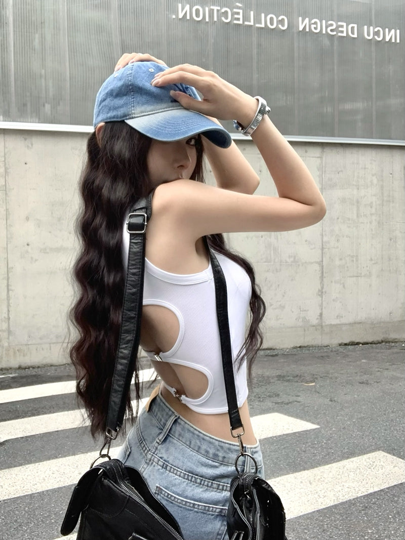 歐美摟空設計無袖露背背心