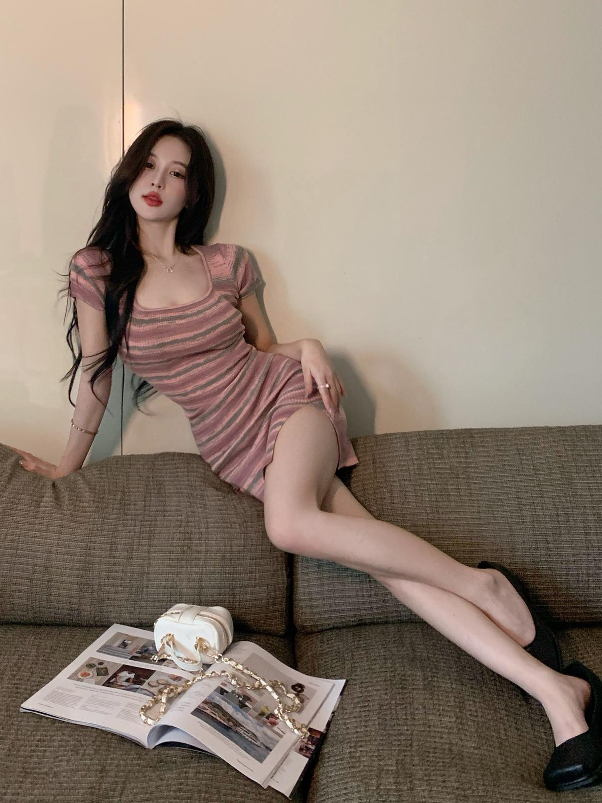 日常性感條紋連身小個子開衩裙