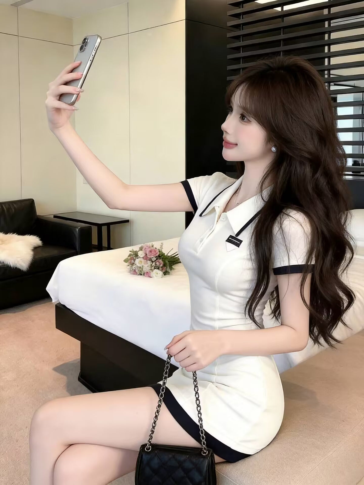 💕現貨秒出🍓ins風質感polo領短袖包臀收腰連衣裙