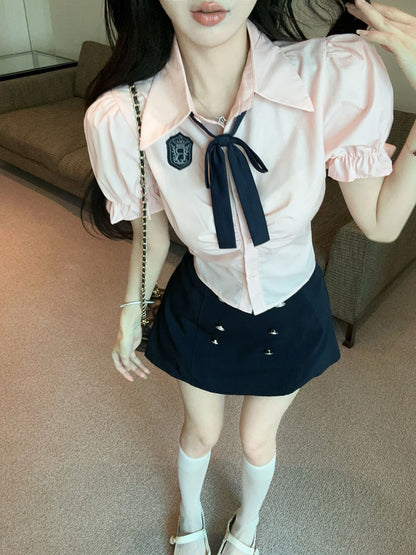 韓系jk學院風襯衫高腰短裙兩件套