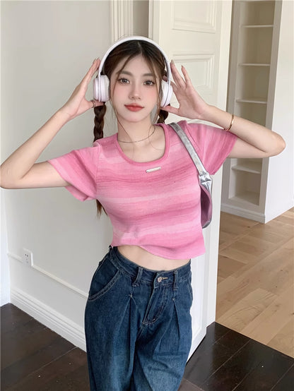 💕現貨秒出🍓多巴胺彩虹漸變色條紋針織T袖