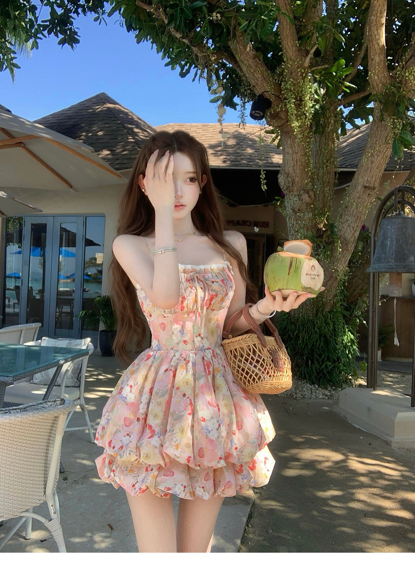 💕現貨秒出🍓ins風氛圍感度假吊帶花苞澎澎裙連衣裙