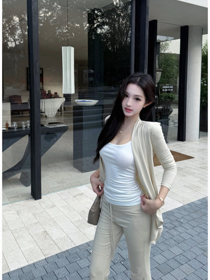 慵懶美背吊帶高腰抽繩微喇叭針織三件套