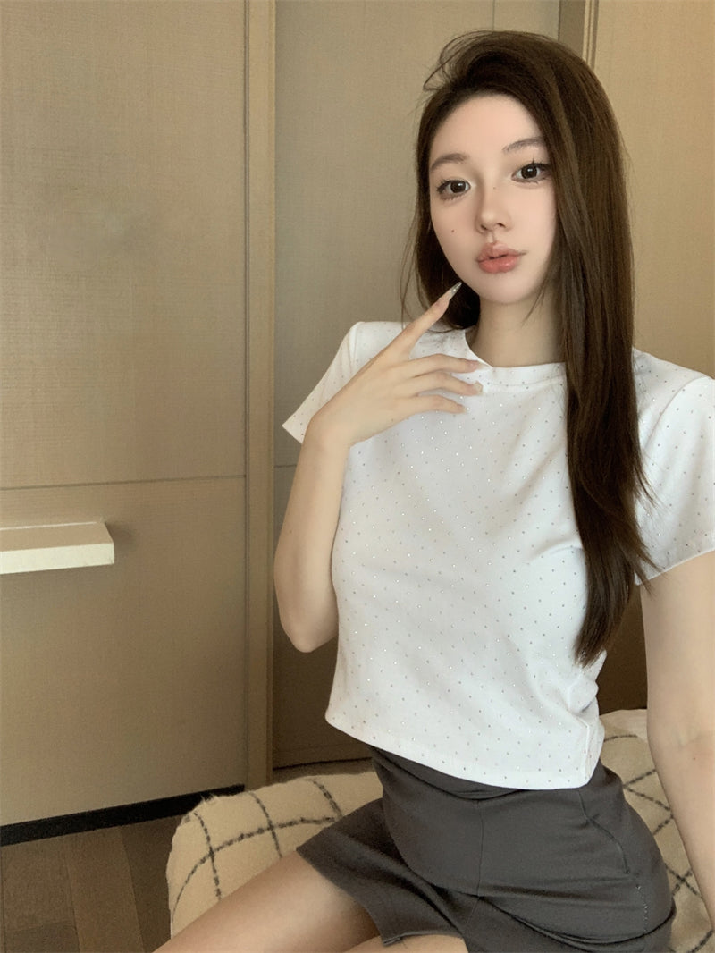 韓系重工燙鑽圓領修身百搭短袖上衣