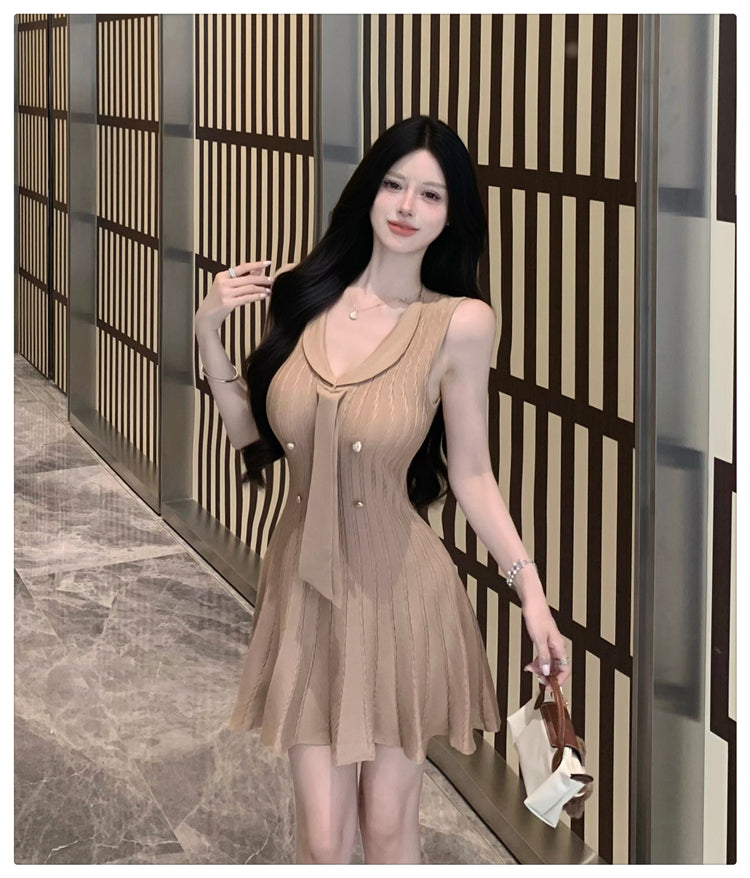 💕現貨秒出🍓法式無袖針織小香風連衣短裙