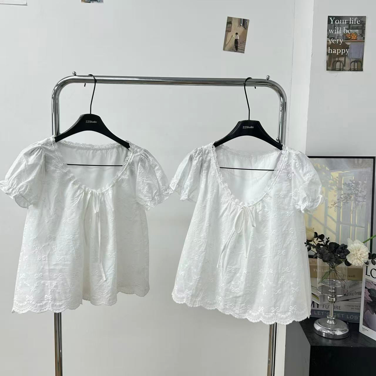 溫柔風白色純淨刺繡泡泡袖襯衫