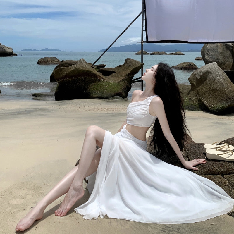 度假高級斜肩露腰浪漫白色禮服