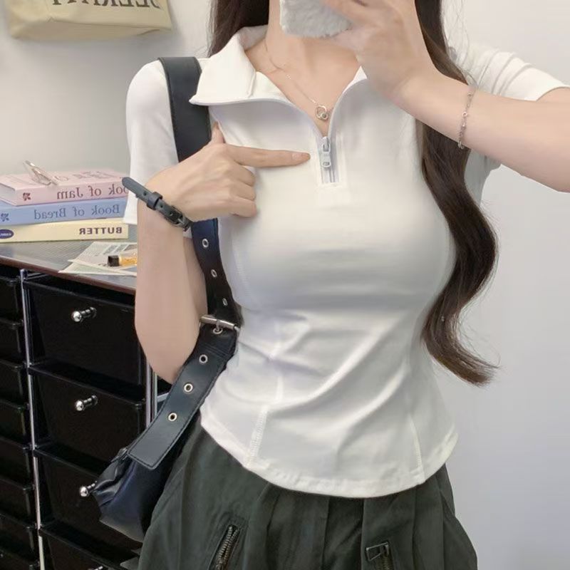 通勤百搭polo領拉鍊修身短袖上衣