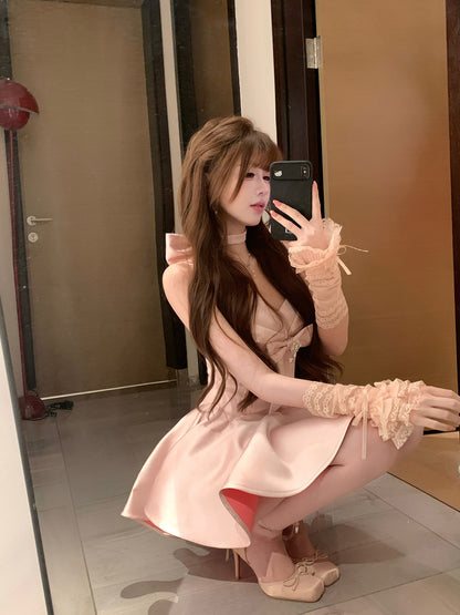 約會溫柔玫瑰色珠光小禮服