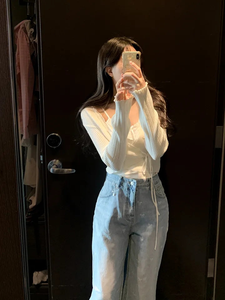 百搭蕾絲邊蝴蝶結小吊帶帶胸墊背心
