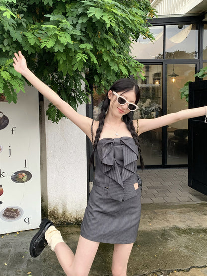 條紋抹胸氣質短裙兩件套