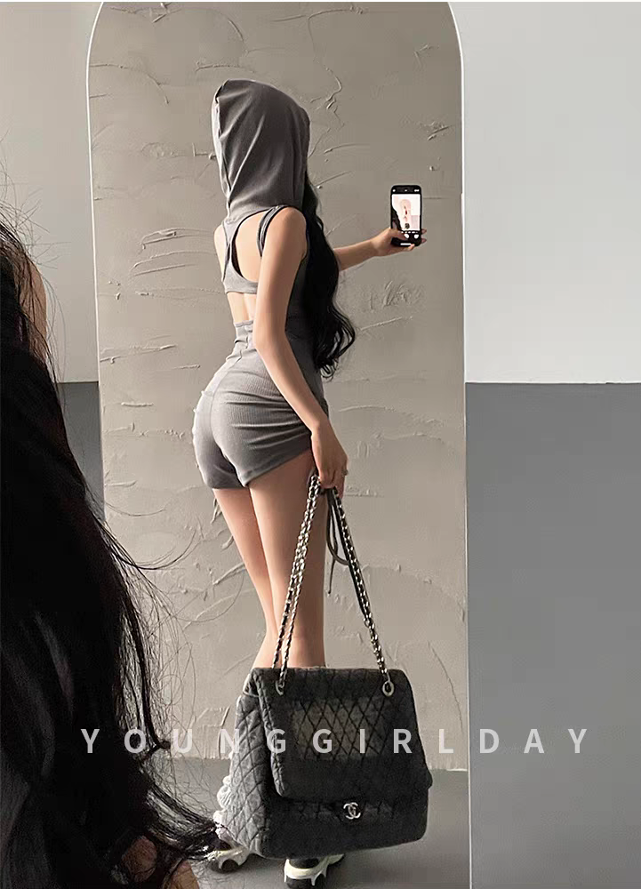 時尚連帽露背包臀連衣短裙