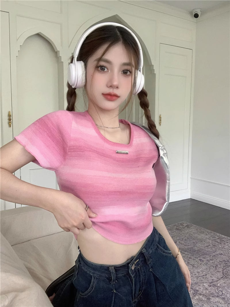 💕現貨秒出🍓多巴胺彩虹漸變色條紋針織T袖