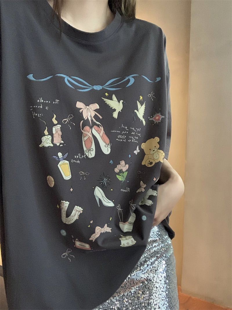 可愛休閒百搭印花寬鬆上衣