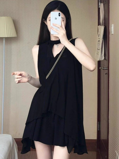 💕現貨秒出🍓法式氣質顯瘦掛脖雪紡吊帶連身衣