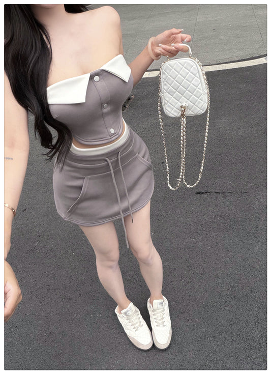 辣妹撞色抹胸上衣&拼接高腰顯瘦短裙組