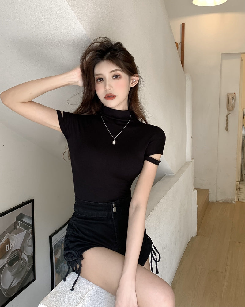 ins系氣質半袖小高領打底顯瘦T袖