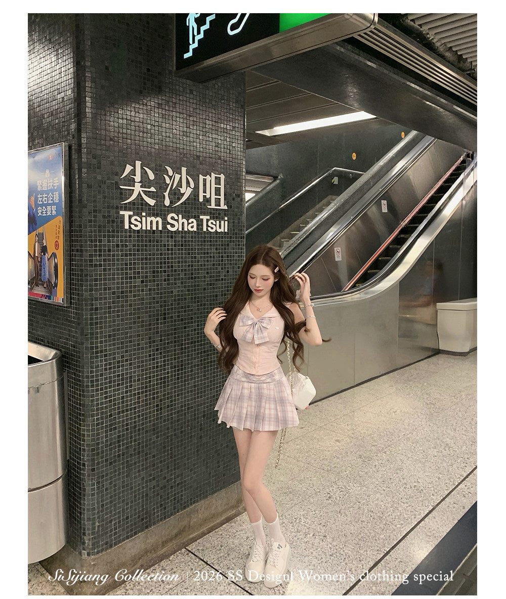溫柔芋頭奶無袖百褶裙套裝
