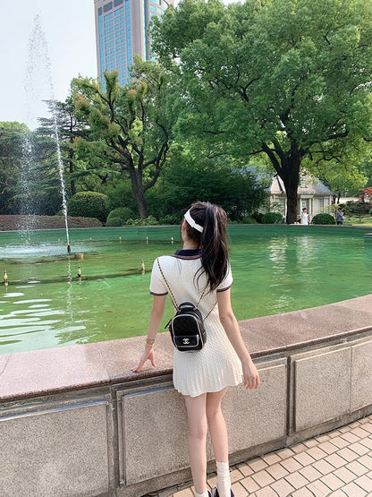 撞色麻花polo領短袖連衣裙