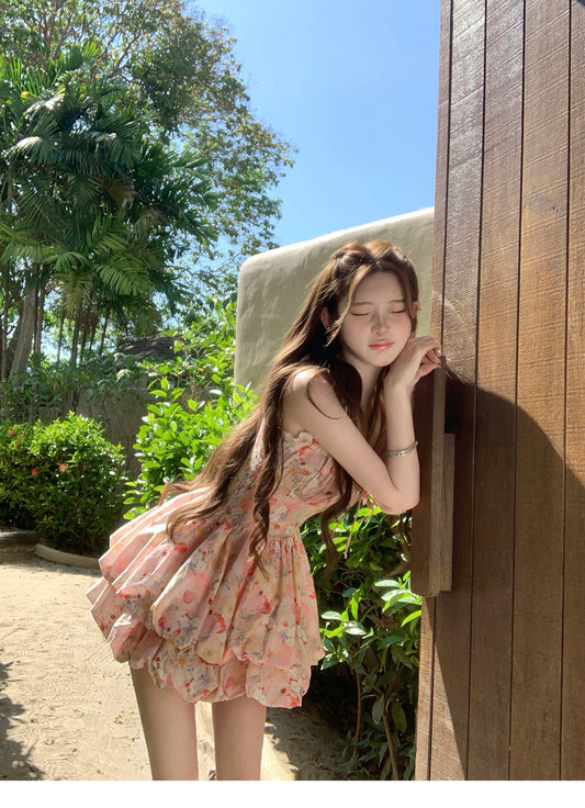 ins風氛圍感度假吊帶花苞澎澎裙連衣裙