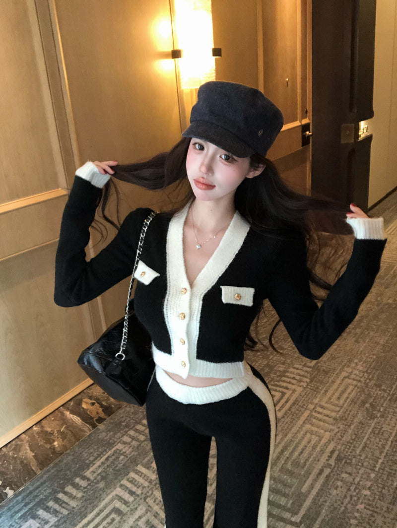 小香風撞色針織寬鬆直筒套裝