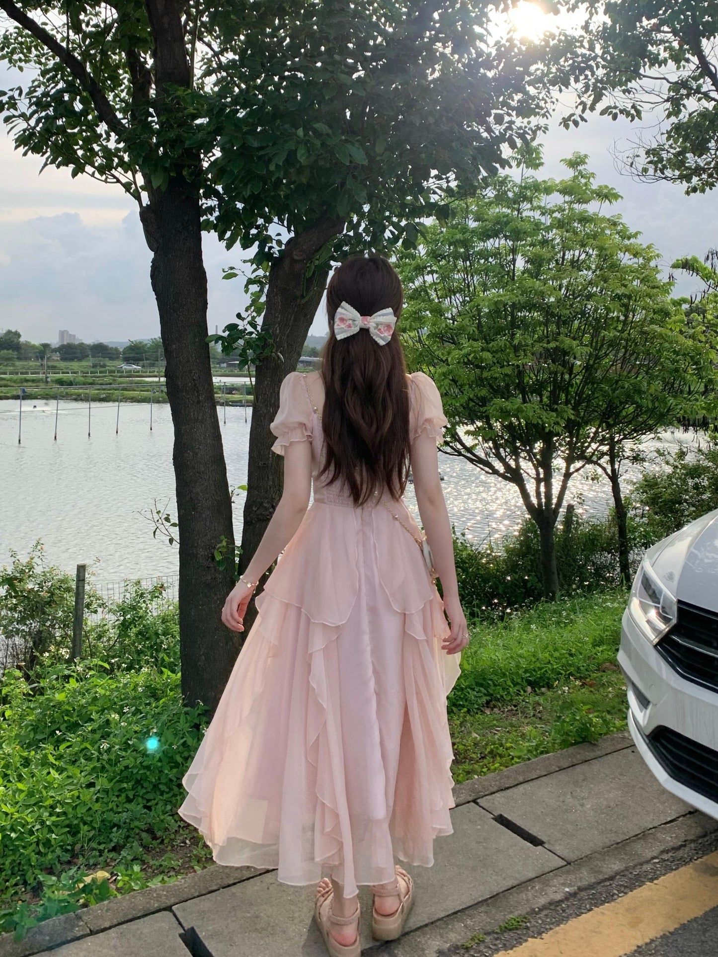 法式方領甜美溫柔連衣裙