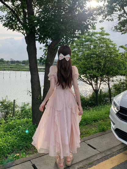 法式方領甜美溫柔連衣裙