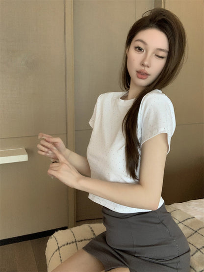 韓系重工燙鑽圓領修身百搭短袖上衣