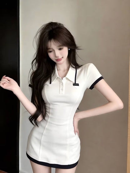 💕現貨秒出🍓ins風質感polo領短袖包臀收腰連衣裙