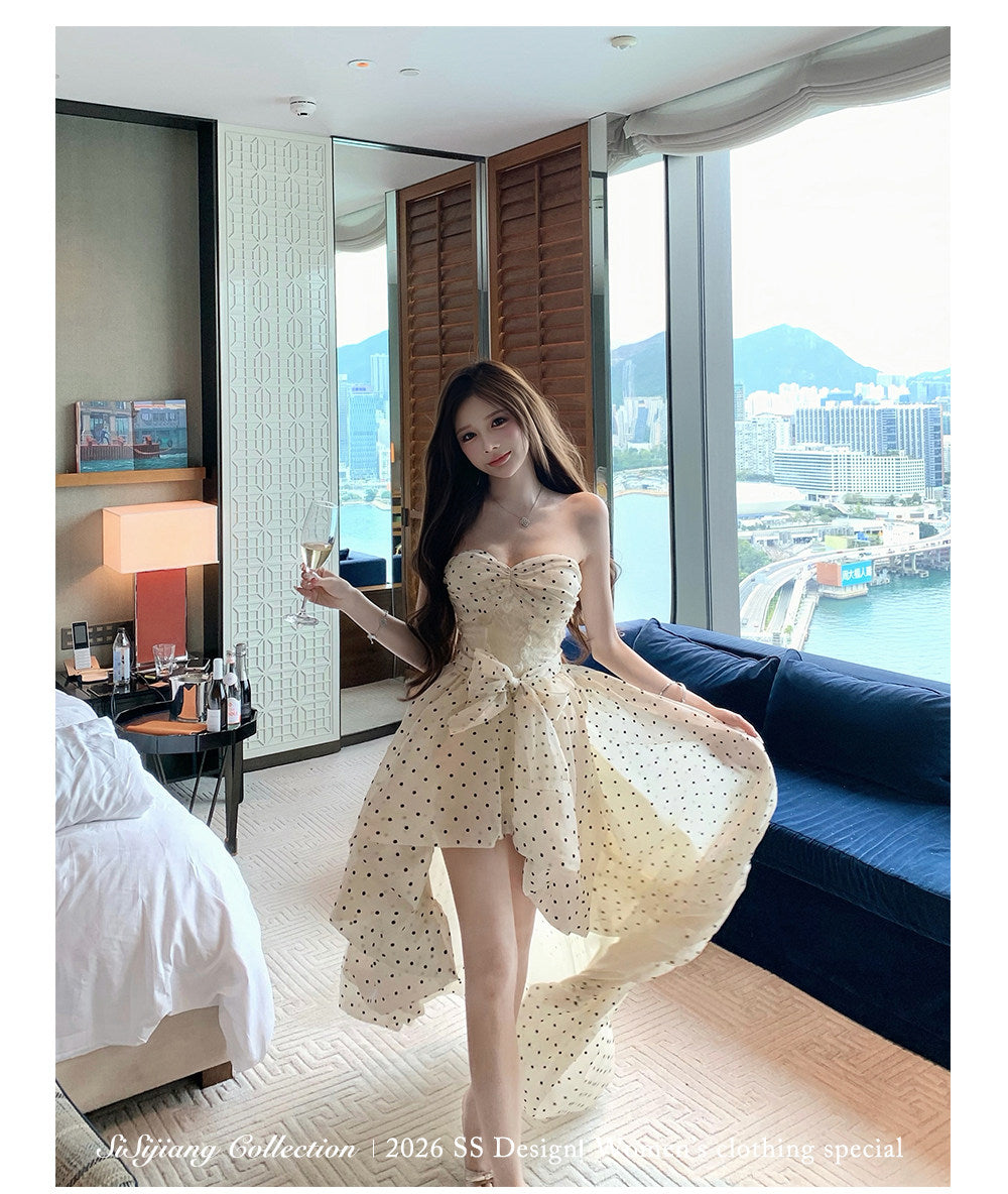 法式華麗小點點連身前短後長小禮服