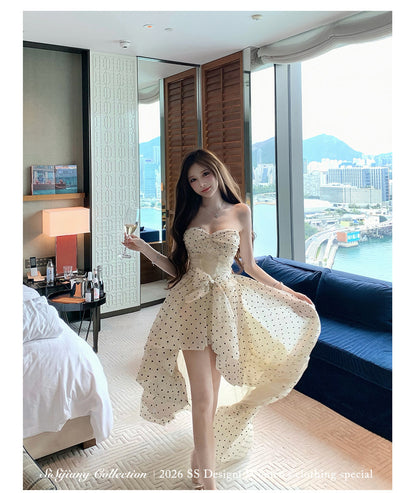 法式華麗小點點連身前短後長小禮服