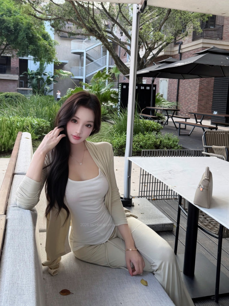 慵懶美背吊帶高腰抽繩微喇叭針織三件套