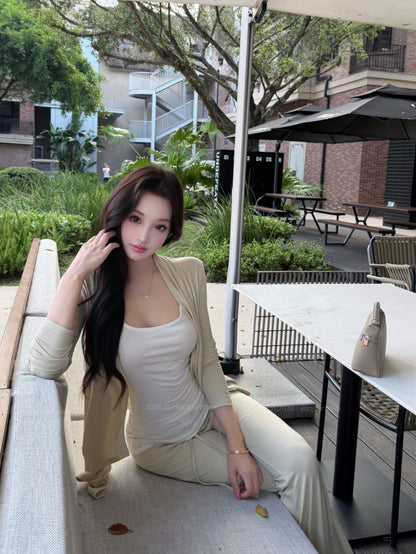慵懶美背吊帶高腰抽繩微喇叭針織三件套